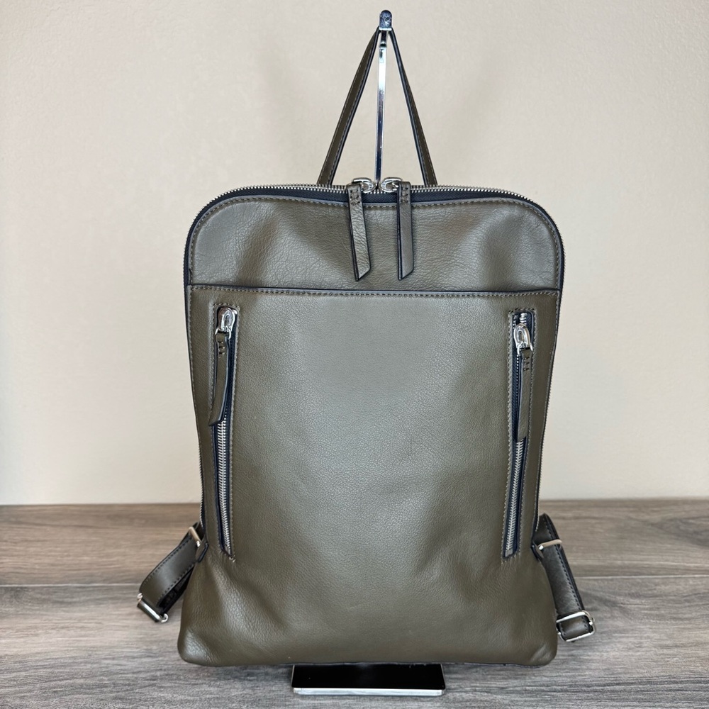 Margot New York Olive Green Genuine Leather Slim Backpack
